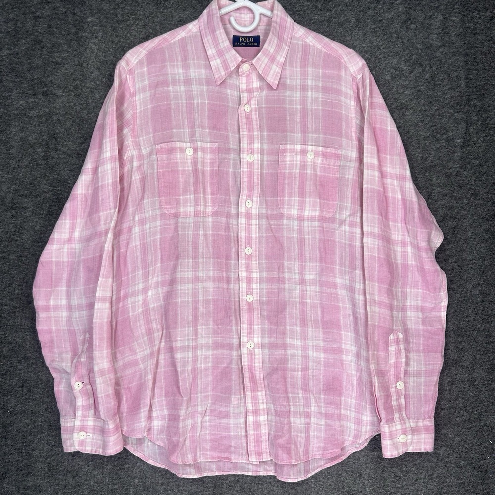 Polo Ralph Lauren Shirt Mens L Pink Plaid 100% Linen 2 Pocket Button Up Preppy